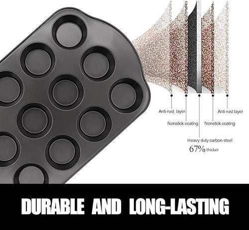 12+24 Muffin Pan Set (2 Pack) - Nonstick Cupcake Tins Dark Gray | Heavy Duty Carbon Steel, Rustproof, Oven Safe Baking Gift
