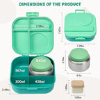 Bento Lunch Box with 12oz Soup Thermo,4 Compartments Lunch Box Containers, Spoon&Sauce Jar, BPA Free&Leak proof,Insulated Food Jar for Travel (Green)
