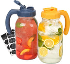 Soligt Glass Mason Jar Pitcher with Lid, Wide Mouth Flip Cap Pour Spout Leak-proof Lid with Handle, 64 oz (2 Quart / 1.9 Liter), Navy and Yellow
