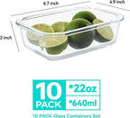 BAYZZ 10 Pack 22 oz Glass Meal Prep Containers, Glass Food Storage Containers with Airtight Lids, BPA-Free, Freezer and Microwave Safe, Green