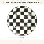 MACKENZIE-CHILDS Enamel Dinner Plate, Decorative Dinnerware Plate, 10 Inches, Set of 4, Black-and-White Courtly Check