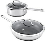 Hybrid Nonstick Cookware Set,Stainless Steel 12 Inch Frying Pan & 2QT Saucepan with Steamer Basket,3 PCS Silicone Kitchen Utensils Set
