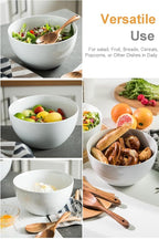 LAUCHUH Salad Serving Bowls, 5 Quarts Porcelain White Serving Bowl Extra Large Mixing Bowl with Spoon Set for Salad, Preparing, Pasta, Popcorn, Chips, Fruit, Vegetables, Thanksgiving, Christmas, 3 Pcs