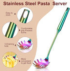 Patelai 2 Pcs Stainless Steel Pasta Spoon with Teeth Large Spaghetti Utensil, 9.4'' Tong and 13.6'' Pasta Fork with Vacuum Handle, Comfortable Grip Design Spoons for Kitchen(Colorful)