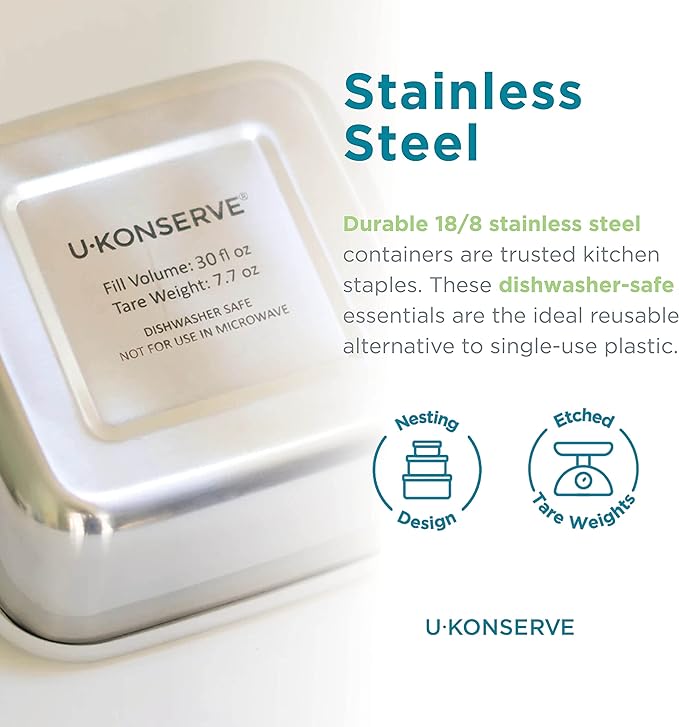 U Konserve Stainless Steel Food Storage Bento Box Container, Leak Proof Silicone Lid Dishwasher Safe - Plastic Free (30oz Clear)