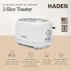 Haden Chelsea 2 Slice Wide Slot Toaster with Adjustable Browning Control, Ivory & Chrome