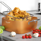 FELAMP 11-Inch Ceramic Nonstick Deep Square Frying Pan Set with Glass Lid, Stainless Steel Fry Basket & Steamer Rack, Induction Compatible, Oven &Dishwasher Safe, 4-Piece Copper Pan Chef Cookware Set