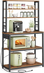 VASAGLE Bakers Rack with Power Outlet, 31.5 Inches Coffee Bar for Kitchen with Storage, 6-Tier Kitchen Shelves with 6 Hooks, Microwave Stand, Rustic Brown and Black UKKS119K01