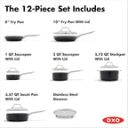 OXO Agility Series 12 Piece Cookware Pots and Pans Set, Ceramic Nonstick PFAS-Free, Induction, Skillets,Saucepans,Lids,Even Heating,Stainless Steel Handles,Chip-Free Rims,Dishwasher & Oven Safe,Black