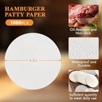 MUCHII 1000 Pcs 4.5 Inch Burger Patty Paper Rounds, White Baking Parchment Rounds, Non-Stick Sheets for Separating Patties, Baking Cookies, Bread, and More