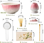Matcha Whisk Set, 7 Pcs Pink Matcha Kit with Bowl, Whisk and Holder, Bamboo Scoop, Scoop Rest, Sifter & Tea Towel, Tea Gifts for Making Breakfast, Latte Match-a Lovers