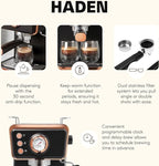 HADEN Barista Brew Espresso Coffee Machine, Stainless Steel Espresso Maker with Milk Frother and Steamer Function and 1.5L Water Tank, Black & Copper
