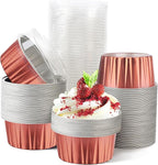 100 Pcs 5 oz Aluminum Foil Cup with Lids Disposable Ramekins with Lids Disposable Ramekin Baking Cups Foil Cupcake Containers for Wedding, Christmas, Kitchen, Party (Caramel, 5 oz)