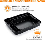 E-far Baking Pans with Lids Set of 3, Nonstick Sheet Cake Pan for Oven Lasagna Brownie Casserole - 12.5/10.5/9.4Inch, Rectangle Metal Bakeware Set, Stainless Steel Core - 6 Pieces(3 Pans + 3 Covers)