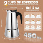 Moka Pot, 9 Cups (15.9 oz) Stovetop Espresso Maker, 304 Stainless Steel Moka Pot, Induction Compatible, Silver