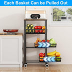Fruit Vegetable Storage Basket for Kitchen, 4 Tier Large Pull-Out Metal Wire Baskets with 3 Pack Mats Bottom, Wood Top and Wheels, Vegetable Produce Bins Stand Cart Rack for Onions and Potatoes