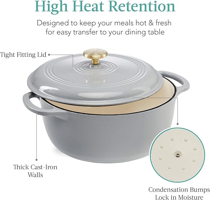 Best Choice Products 6 Quart Enamel Cast-Iron Round Dutch Oven, Family Style Heavy-Duty Pre-Seasoned Cookware for Home, Kitchen, Dining Room, Oven Safe w/Lid, Dual Handles - French Gray
