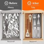 Lifewit Compact Silverware Organizer for Kitchen Drawer, Narrow Flatware Tray Holder, Plastic Cutlery Spoons, Forks and Knives Storage, White&Gray, 1 Pack