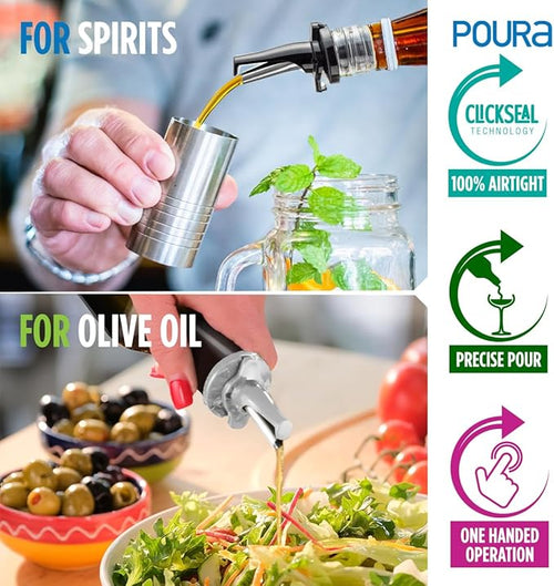 3-in-1 Liquor Pour spout with Built-in Fruit Fly Protection - BPA Free & Dishwasher Safe Hygienic Alcohol Speed Spouts - Also for Olive Oil, Juice, Syrup. Silver 2 Pack