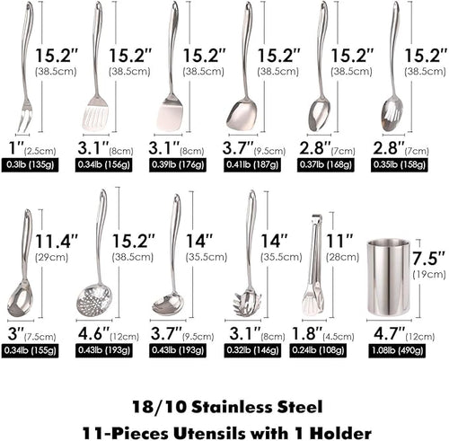 18/10 Stainless Steel Kitchen Utensils Set with Holder - 15″ Spatula Spoon Set with Storage Organizer for Countertop, Fork, Tongs, Spatula, Ladle, Skimmer, Turner, Spaghetti, Large Spoon Set of 12