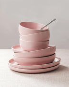 Famiware Milkyway Plates and Bowls Sets, 12 Pieces Dinnerware Sets, Reactive Glaze Dish Set, Stoneware Dishes Set for 4, Light Pink