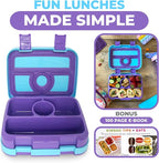 kinsho Bento Lunch Box for Kids Toddlers, 4 Portion Sections Secure Lid, Microwave Safe BPA Free Removable Tray, Pre-School Kid Daycare Lunches Snack Container Ages 3 to 5 Blue Purple