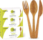 100% Biodegradable Cutlery Made of Vegetable Fibers, 300 PCS of 6.7” Long Heavy-Duty and Splinter Free Eco-Friendly Spoons, Forks & Knives, Perfect Sustainable Cutlery by The Veggie Straws