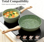 3-Piece Nonstick Pots and Pans Set with Lids, Includes 10.25 Inch Frying Pan 1.5Qt Saucepan and 2.2Qt Stock Pot, PFOA Free Dishwasher Safe Induction Compatible Family Cookware, Green