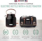 Haden Heritage 4 Slice Wide Slot Stainless Steel Toaster Bundled with 1.7 Liter Stainless Steel Electric Water Kettle, Black & Copper