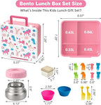 Bento Lunch Box with 9.5 oz Soup Thermo, Kids Leakproof 4 Compartments Bento Box with Silicone Cupcake,Fruit Fork,Spoon and Sauce Cup,Insulated Food Jar for School Travel-Rainbow Horse