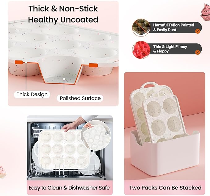 mary Silicone Muffin Pan with Metal Reinforced Frame - Mini Muffin Pan for Homemade Muffins, Cupcakes, and Bread, Oven and Dishwasher Safe - Set of 2, 6-Cup and 12-Cup