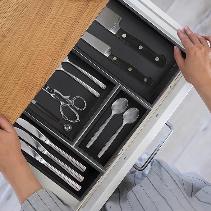 Bamboo Drawer Organizer - Kitchen Utensil Organizer Silverware Tray Cutlery Holder，Office Desk Supplies and Accessories,15 * 5.9 * 2.6,Black