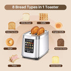 Mecity 2 Slice Toaster with Touch Screen & Auto Lift, Stainless Steel Cool-Touch Toaster with 8 Bread Settings, 5 Shade Levels, 1200W High Power, Keep Warm & Reheat Function, Stainless Steel, 120V