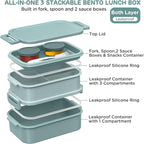 DaCool Lunch Box Adults Bento Box 74 OZ All-in-One Stackable Lunch Box Containers for Adult Large Bento Box with Fork Spoon Sauce Boxes, Leakproof Lunchbox for Work School Dining Out, Morandi-Green