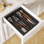 Lifewit Utensil Drawer Organizer, Expandable Cooking Silverware Tray for Kitchen Drawer, Adjustable Cutlery Flatware Holder, Plastic Spatula Tools and Gadgets Storage Divider, 2 Compartments, Black