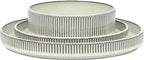 Gibson Elite 12 Piece (Service for 4) Townscape Plates and Bowls Reactive Glaze Embossed Round Dishes Terracotta Ceramic Dinnerware Set - Cream White