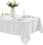 Newbridge Barcelona Luxury Damask Fabric Tablecloth, 60” Wide x 84” Rectangle, White, 100% Polyester, No Iron, Soil Resistant Dining Room, Party and Banquet Table Cover