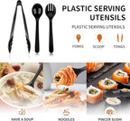 36 PCS Disposable Serving Utensils for Party - 12 Set Including Black Plastic Spoons, Tongs and Forks