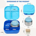 Bento Lunch Box for Kids with 12oz Soup Thermo,4 Compartments Lunch Box Containers Kids, Spoon&Sauce Jar, BPA Free&Leak proof,Insulated Food Jar for Travel((Blue)