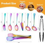 Rainbow Serving Utensils Set Stainless Steel, 15pcs Large Metal Serveware Serving Spoons, Slotted Spoons, Forks, Tongs, Soup and Skimmer Spoon, Cake Server for Partie, Buffet, Catering, Entertaining
