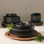 Gibson Home Hazeltine 16-Piece Black Stoneware Dinnerware Set – Plates and Bowls, Durable Ceramic Kitchen Dinner Set