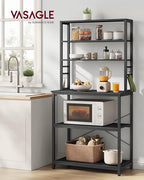 VASAGLE Coffee Bar, 31.5 Inches Baker's Rack for Kitchen with Storage, 6-Tier Kitchen Shelves with 6 Hooks, Microwave Stand, Industrial, Charcoal Gray and Black UKKS019B22
