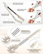 Spaghetti Spoon and Pasta Tong, Non-stick Silicone Spoon Server Fork with teeth and Stainless Steel Handle Spaghetti Tong, Food Clip for Spaghetti Noodle (KHAKI)