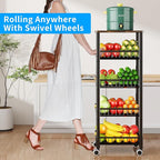 Fruit Vegetable Storage Basket for Kitchen, 5 Tier Large Pull-Out Metal Wire Baskets with 4 Pack Mats Bottom, Wood Top and Wheels, Vegetable Produce Bins Stand Cart Rack for Onions and Potatoes