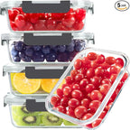 BAYZZ Glass Food Storage Containers, 5 Pack 35 Oz Glass Meal Prep Containers, Lunch Boxes with Airtight BPA-Free Lids, Microwave, Freezer and Dishwasher Safe