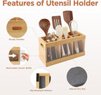 Kitchen Utensil Holder 6-Compartment Countertop Cooking Spoon Holder with Absorbing Drying Stone & Acrylic Panel Bamboo Kitchen Utensil Organizer