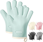 MAD SHARK Silicone Oven Mitts Heat Resistant 450 Degrees,Waterproof & Non-Slip Oven Gloves with Fingers,Cotton Lined Silicone Oven Gloves Kitchen Mitts for Baking Cooking Barbecue,Women (Green)