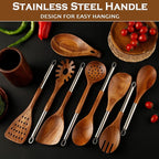 10PCS Wooden Spoons for Cooking, Spoons and Spatula Non Stick Set with Stainless Steel Handle, Teak Wooden Utensils Set with Holder & Spoon Rest, Kitchen Utensils for Non-Stick Cookware