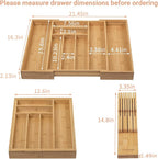 Bamboo-Silverware-Drawer-Organizer-Kitchen, Expandable Utensil Holder Cutlery Tray Flatware Organization Adjustable Wood Tableware Dividers Storage (with Removable Knife Block)(Natural)