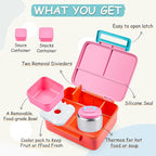 Bento Lunch Box for Kids with 8oz Soup Thermo Leak-Proof Lunch Food Containers with Snack Sauce Container for Kid Girls Boys to School,Pink